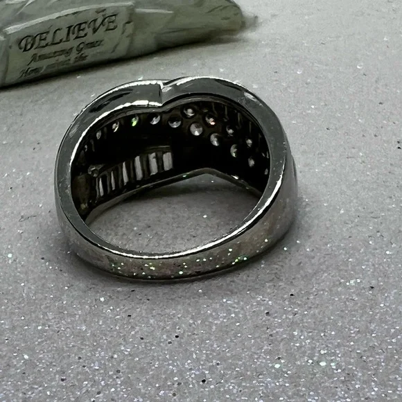 Pave Round & Baguette CZ Sterling Cross Over Ring - Picture 4 of 7